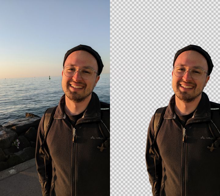 Eine Gegenüberstellung eines Porträts vor dem Meer im Original (links) und ohne Hintergrund (rechts)