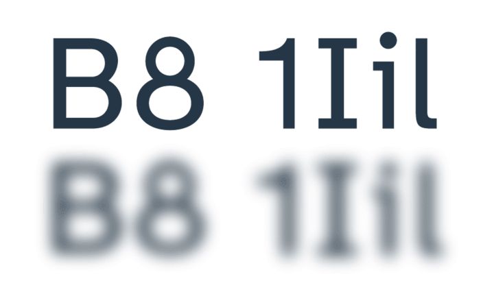 Die Zeichenkette wird »B8 1Iil« wird in der oberen Zeile scharf und in der unteren Zeile unscharf dargestellt. Aufgrund ausgeprägter Merkmale ist die Zeichenkette auch unscharf lesbar.