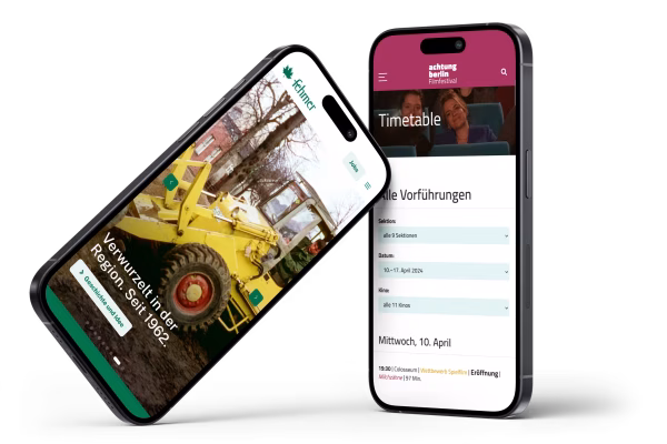 Mobile-first Webdesign mit WordPress und Kirby Zwei Smartphones, auf denen Websites abgebildet werden