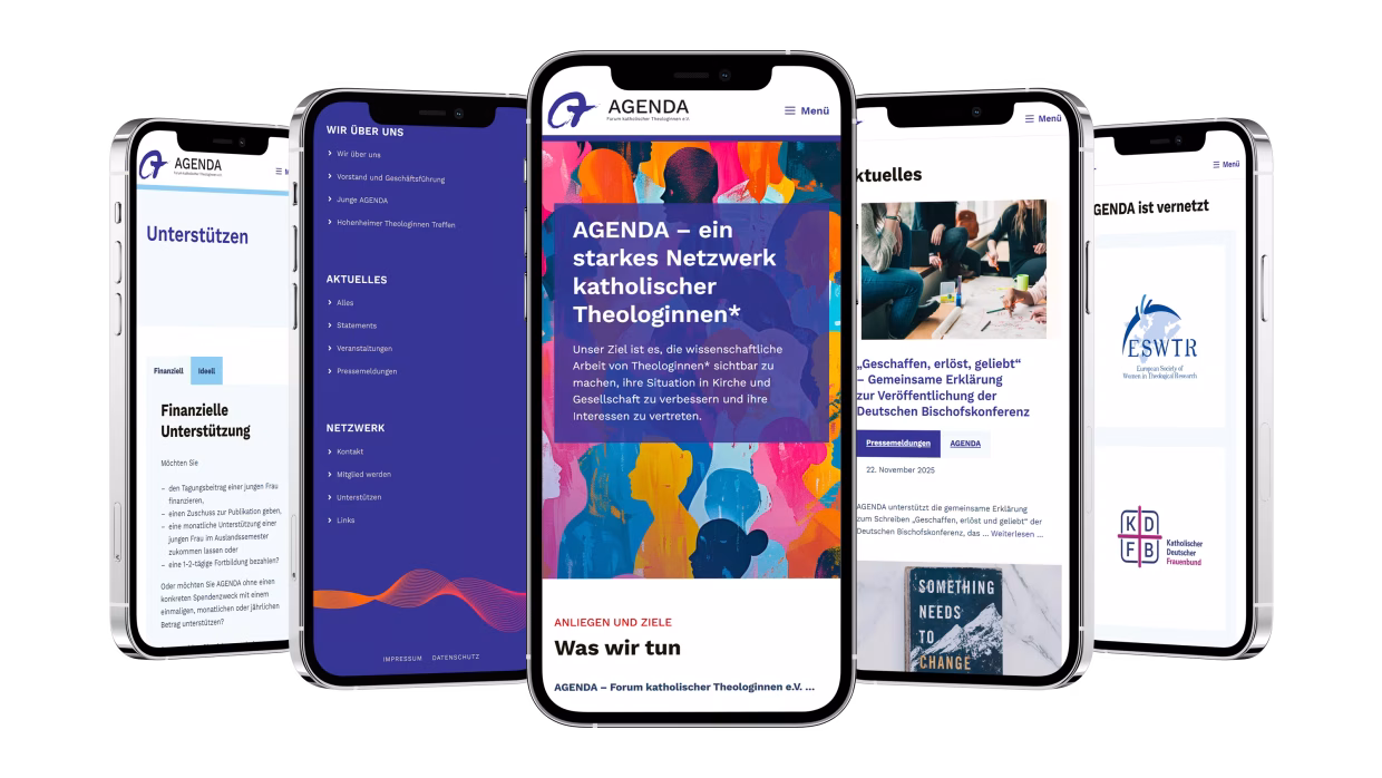 Fünf nebeneinander stehende Smartphones zeigen verschiedene Ansichten der Website von AGENDA mit Text und Bildern, darunter eine bunte Startseite.