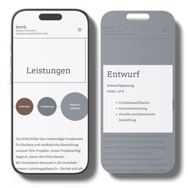 Zwei nebeneinander gezeigte Smartphone-Displays mit der Website einer Ingenieurgesellschaft, links die Seite 'Leistungen' mit drei Kreisen, rechts die Seite 'Entwurf' mit einer Liste von Punkten.