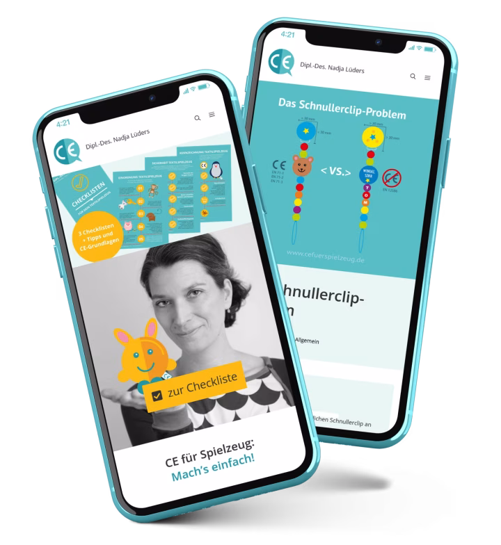 Zwei iPhones, auf denen die WordPress-Website von »CE für Spielzeug« zu sehen ist Die WordPress-Website nach dem Relaunch im Corporate Design von »CE für Spielzeug« aus Falkensee