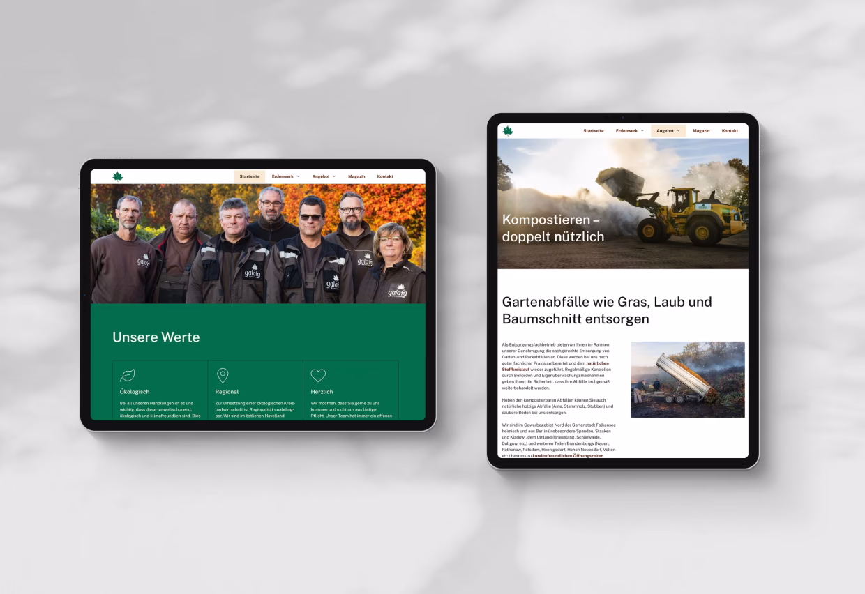 Zwei Tablets mit der geöffneten Website galafa.de, auf der mehrere Fotos zu sehen sind