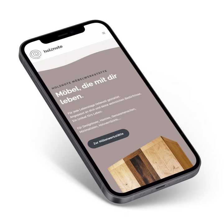 Mobile-first Webdesign mit WordPress für »holznote« Die WordPress-Website von »holznote« auf einem Smartphone