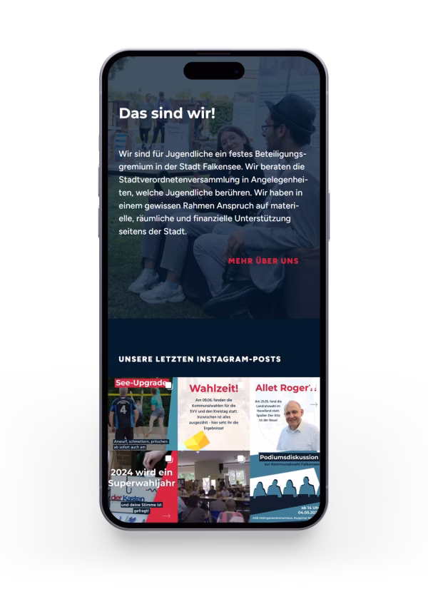WordPress-Webdesign Auf einem Smartphone ist eine Kurzdarstellung des Jugendbeirats Falkensee zu sehen