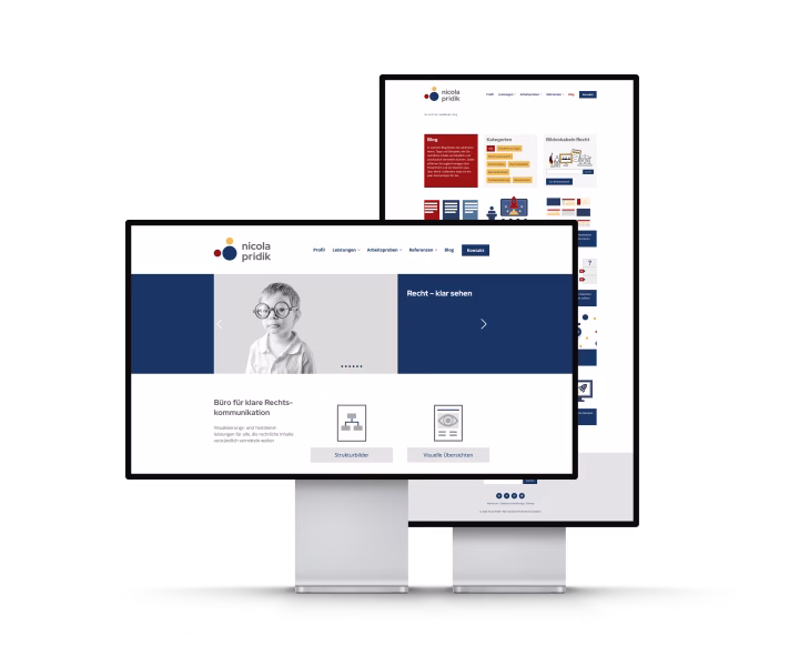Webdesign mit WordPress Zwei Displays (Hoch- und Querformat), auf denen die Website von Nicola Pridik gezeigt wird