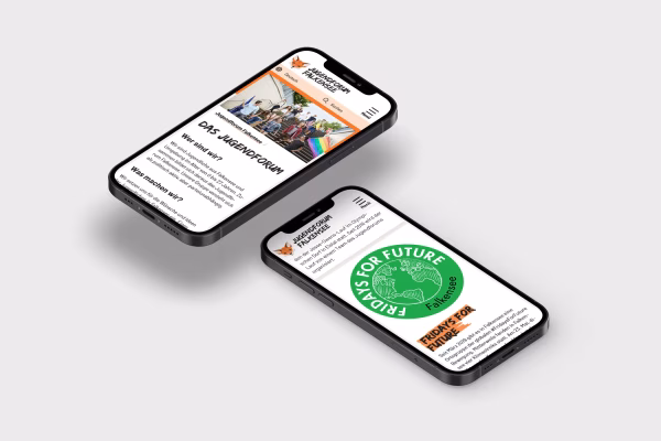 Responsive Webdesign für das Jugendforum Falkensee Auf schwebenden iPhones ist die Website des Jugendforum Falkensee geöffnet