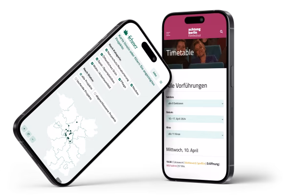 Mobile-first Webdesign mit WordPress und Kirby Zwei Smartphones, auf denen Websites abgebildet werden